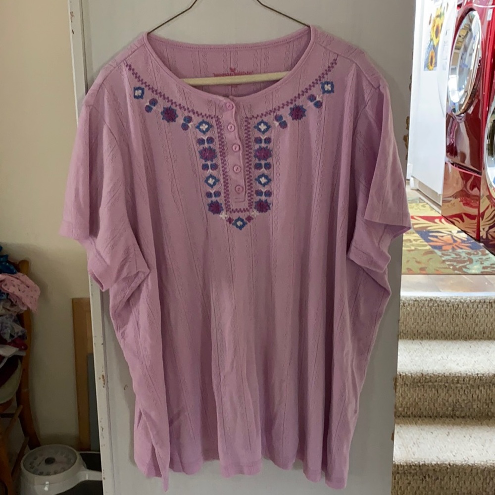 Woman Within 2X 26/28 pink tunic w/floral trim